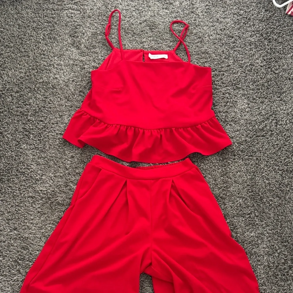 Red Ruffle Crop Top and Pants Set - Picture 1 of 8